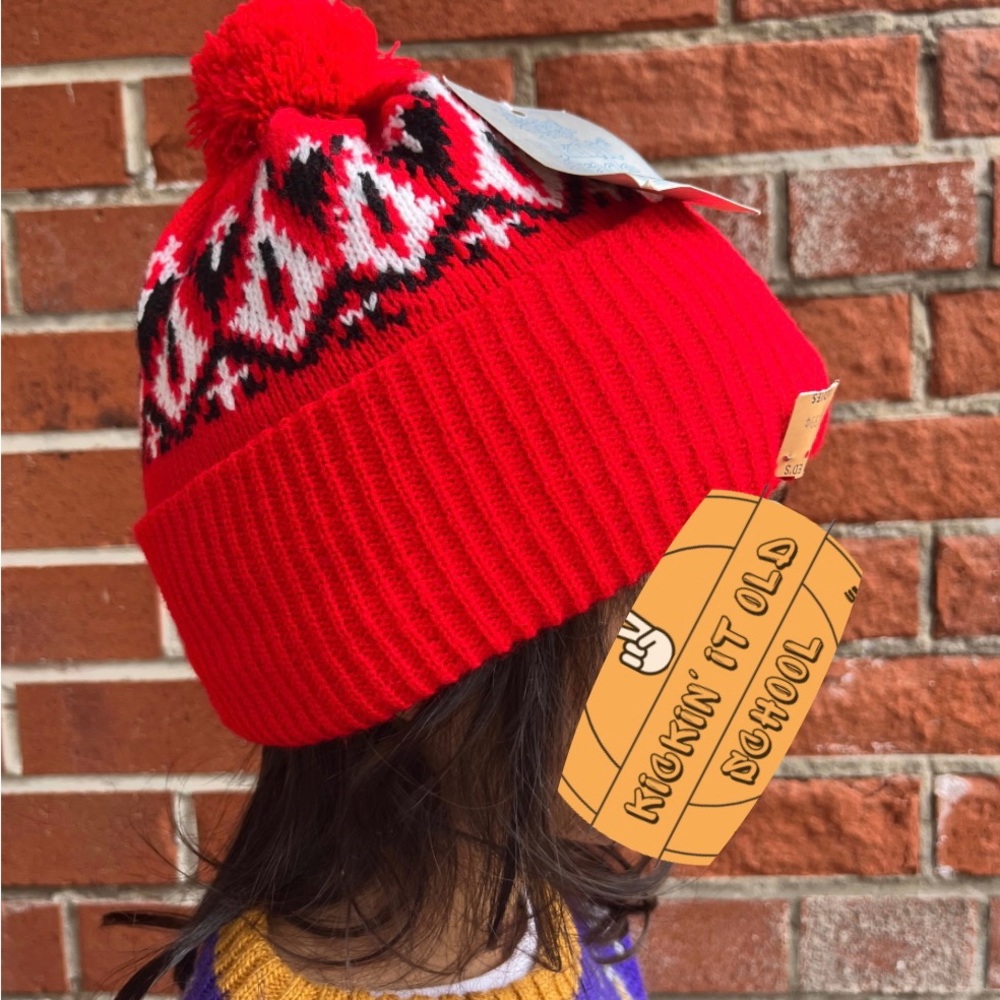 Deadstock Vintage Kids Knit Hat Toque with Pompom Red and White